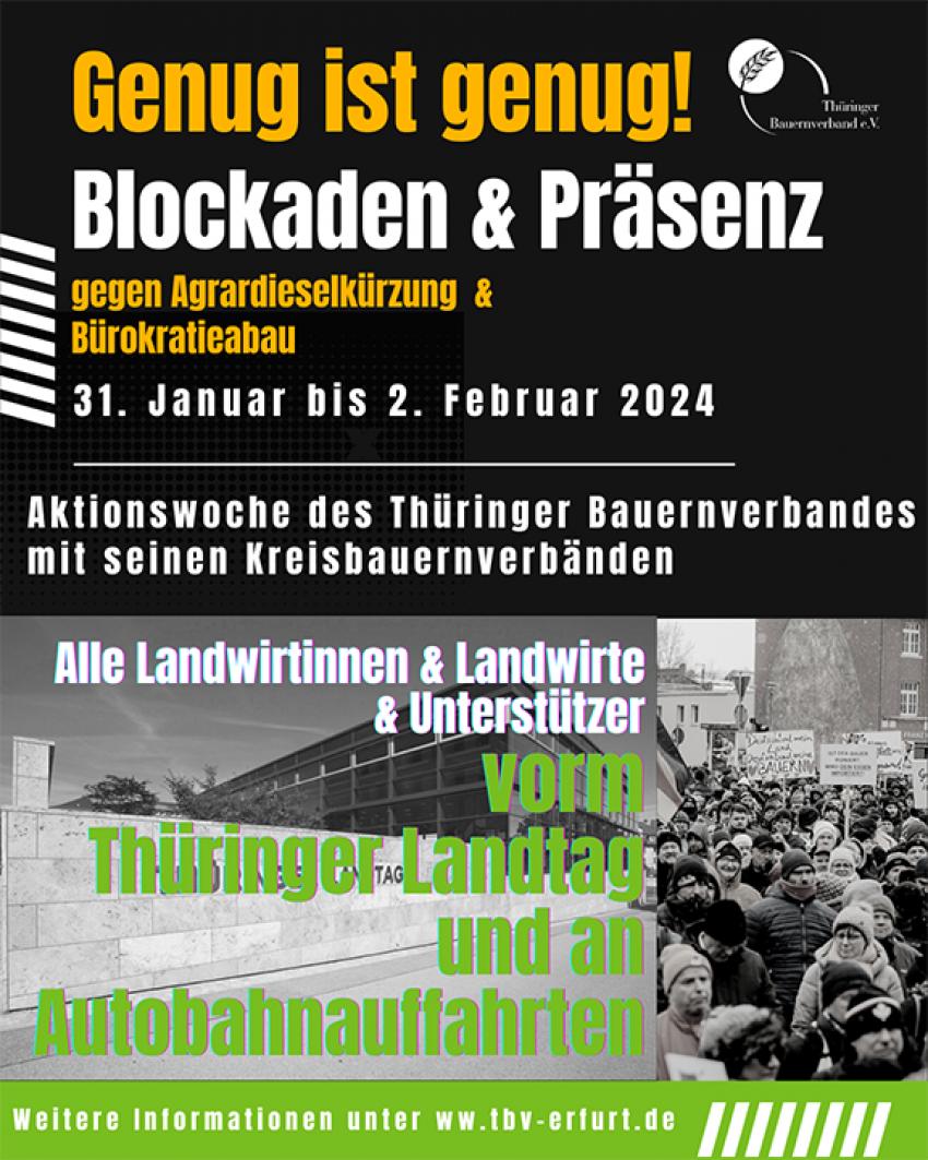 Medieninformation: Bauernproteste – Weitere Aktionen in dieser Woche – Massive Einschränkungen thüringenweit