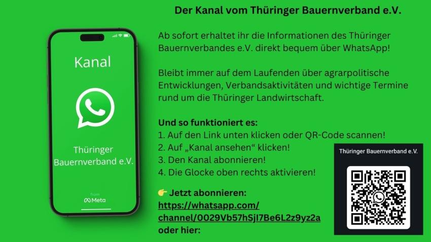 Jetzt auf WhatsApp: Der Kanal des Thüringer Bauernverbandes e.V. zum Abonnieren!